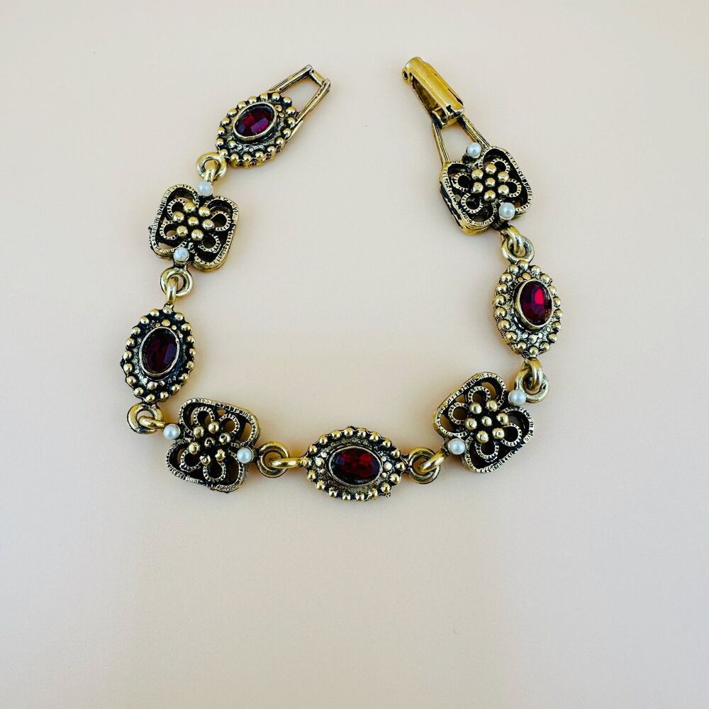 Vintage Victorian Revival Bracelet Red Rhinestone Gold Tone Faux Seed Pearl 6" - Picture 10 of 15